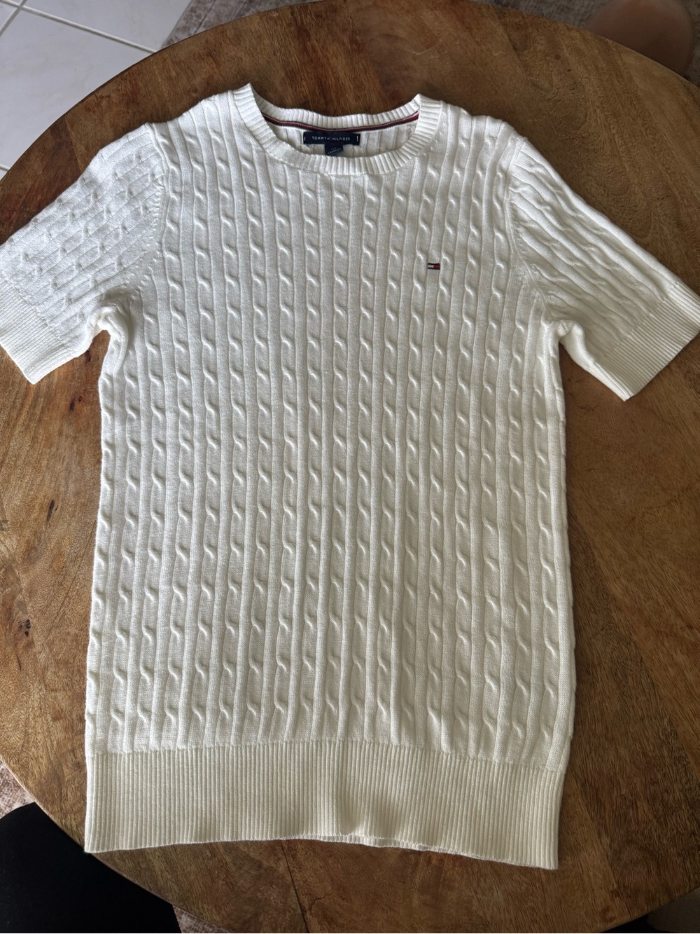 Tommy Hilfiger Cream Cable-Knit Short-Sleeve Crewneck Sweater
